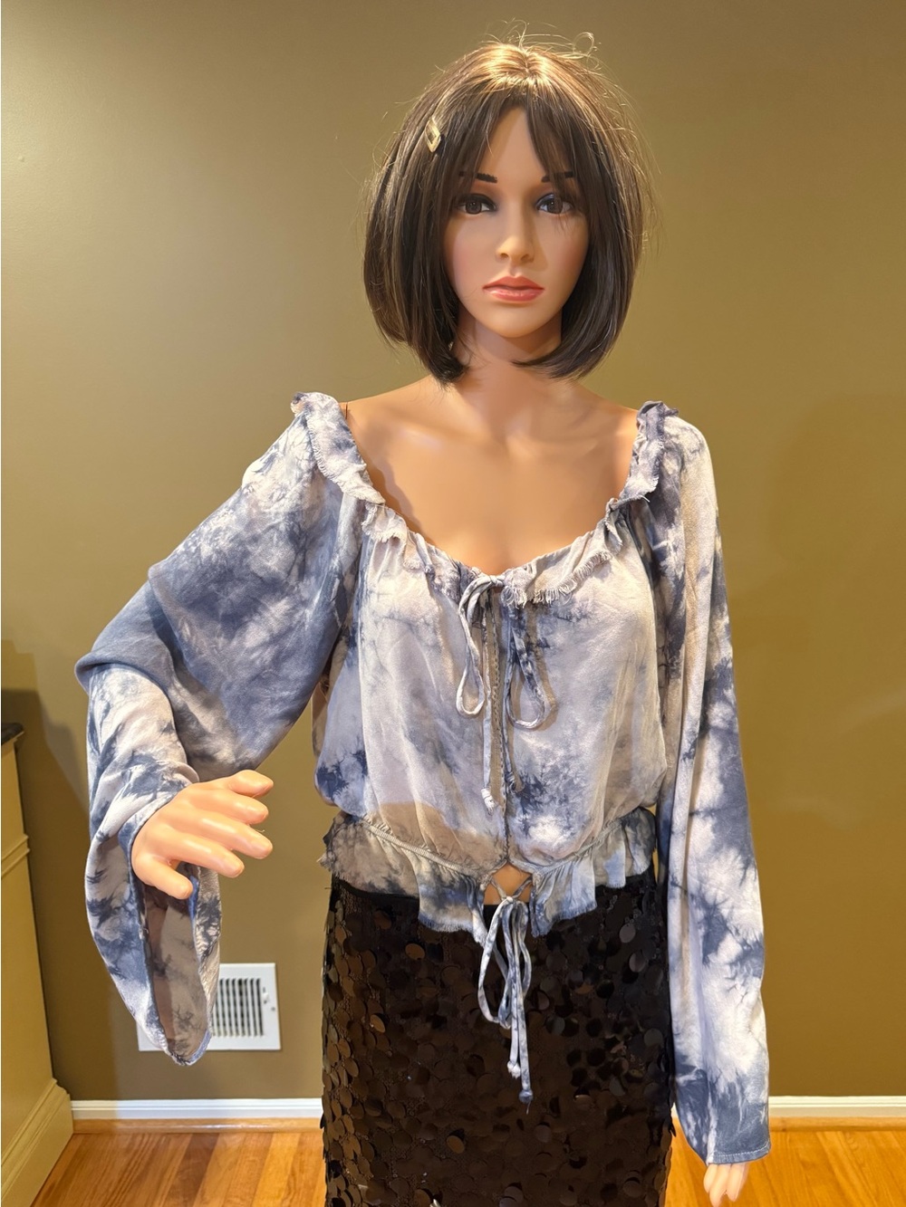 Women's Blue Tie-Dye Peasant Blouse with Ruffle Neck